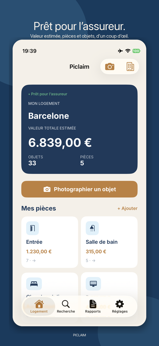 Écran d’accueil Piclaim sur iPhone